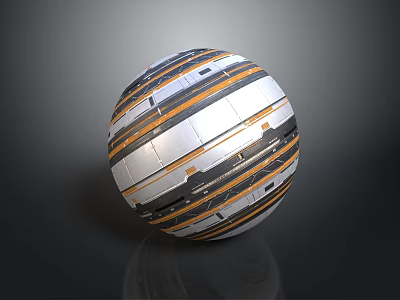 Colorful Striped Sphere With Metallic Texture And Reflection On Dark Background 3d model