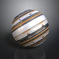 Colorful Striped Sphere With Metallic Texture And Reflection On Dark Background