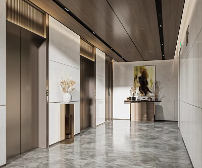 Modern Elevator Lobby Area With Art Decor And Marble Flooring 3d model