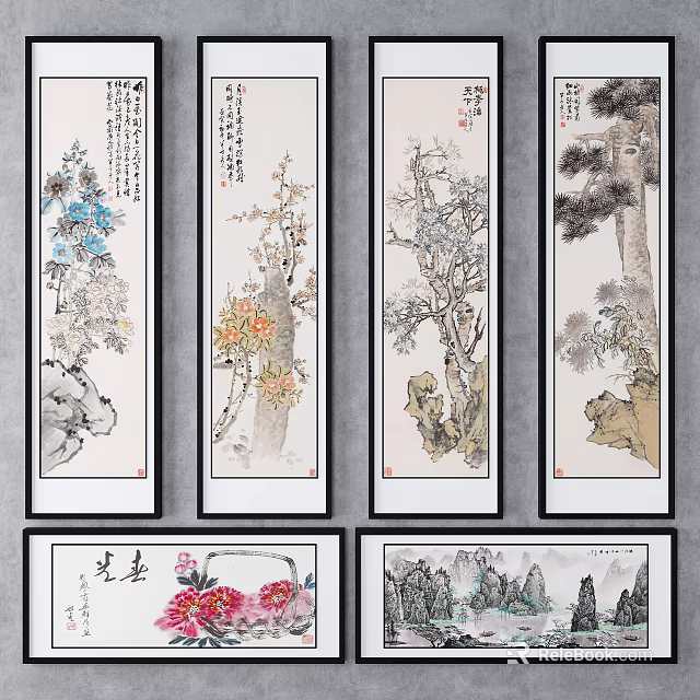 Four Panel Traditional Chinese Scroll Paintings with Floral Tree and Landscape Artworks 3d model 