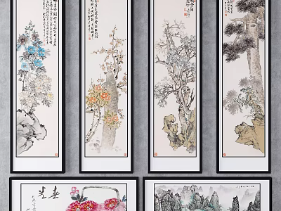 Four Panel Traditional Chinese Scroll Paintings with Floral Tree and Landscape Artworks 3d model