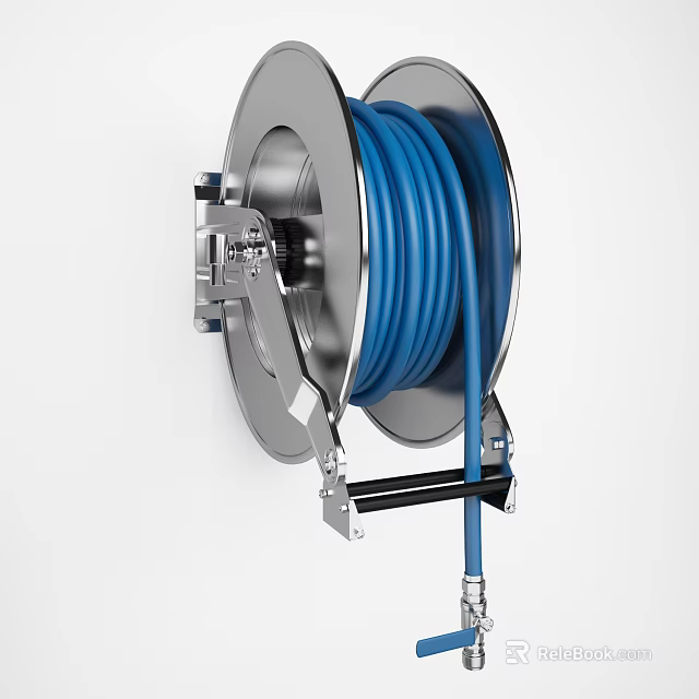 Stainless Steel Industrial Hose Reel with Blue Flexible Hose and Mounting Bracket 3d model 