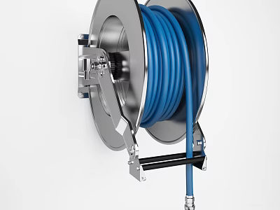 Stainless Steel Industrial Hose Reel with Blue Flexible Hose and Mounting Bracket 3d model