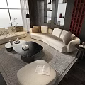 Modern Beige Sofa and Black Coffee Table Set with Soft Rug Floor Lamp and Bookshelf