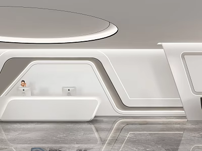 Modern Minimalist Reception Desk With White Design Round Ceiling Light And Marble Floor 3d model