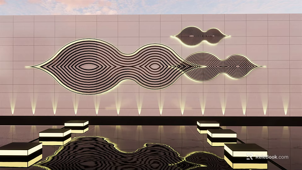 Modern Feature Wall with Wavy Black and White Stripes Lighting Platforms and Ground Reflection 3d model
