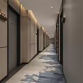 Hotel Corridor With Blue White Patterned Carpet Neutral Walls Wooden Doors And Recessed Lighting