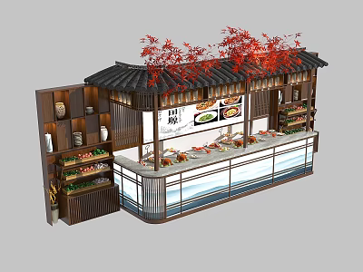 Traditional Chinese Dining Table With Black Tiled Roof Red Maple Leaves And Wooden Display Shelves 3d model