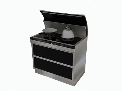 Stainless Steel Kitchen Cooktop with Frying Pan Kettle and Storage Drawers 3d model