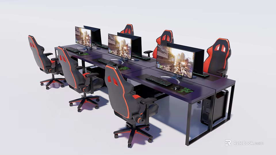 Gaming Desk Setup With Multiple Computer Monitors Keyboards And Gaming Chairs 3d model 