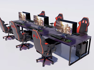 Gaming Desk Setup With Multiple Computer Monitors Keyboards And Gaming Chairs 3d model