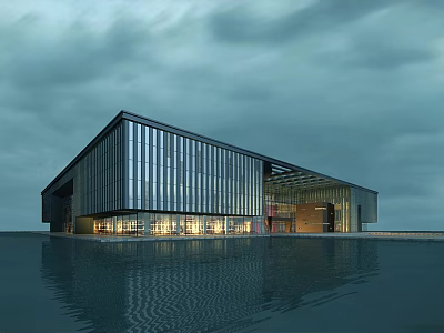 Modern Architectural Building With Glass Facade Reflecting On Water Surface 3d model