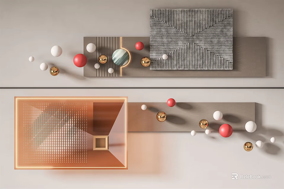 Modern Geometric Wall Decor With Metal Spheres And Textured Panel Accents 3d model 