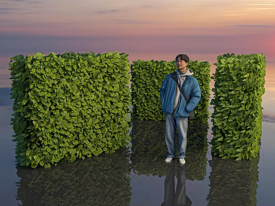Person Standing Between Three Green Shrub Walls With Sunset Sky And Water Reflection 3d model