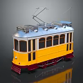 Vintage Yellow Tram with Red Bottom Silver Top Trolley Poles on Tracks