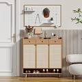 Wooden Shoe Cabinet With Rattan Doors Shoe Rack Below Hanging Board And Green Plant