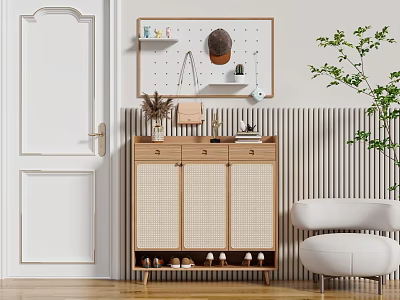 Wooden Shoe Cabinet With Rattan Doors Shoe Rack Below Hanging Board And Green Plant 3d model