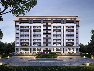 Modern Residential Building Exterior Design With Multiple Floors And Green Tree Surroundings 3d model