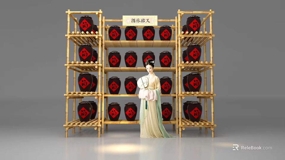 Wine Label Restoration Display With Bamboo Shelves Wine Jars And Lady Statue 3d model 