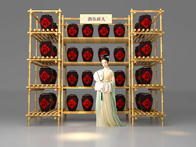 Wine Label Restoration Display With Bamboo Shelves Wine Jars And Lady Statue 3d model