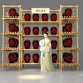 Wine Label Restoration Display With Bamboo Shelves Wine Jars And Lady Statue