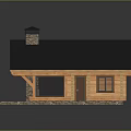 Residential Wooden House With Stone Chimney Black Roof Large Windows And Stone Platform