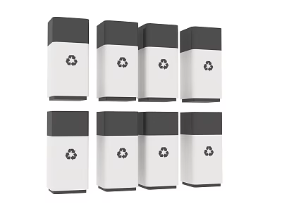 Eight Black and White Household Recycling Bins with Recycling Symbol for Home Use 3d model