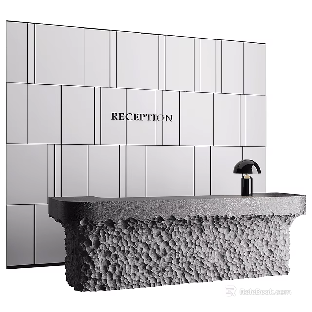 Modern Reception Desk With White Paneled Wall Black Stone Countertop And Black Lamp 3d model 