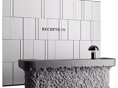 Modern Reception Desk With White Paneled Wall Black Stone Countertop And Black Lamp 3d model