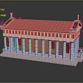 Cartoon Ancient Greek Style Building With Red Roof White Columns Steps And Statues