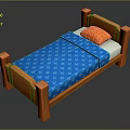 Single Bed with Wooden Frame Blue Patterned Bedspread and Orange Pillow 3d model