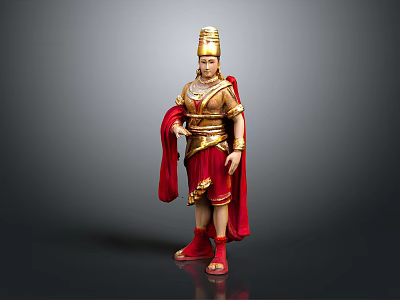 Man in Golden Traditional Attire with Red Cloak and Ornate Headdress 3d model