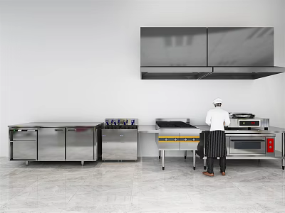 Modern Stainless Steel Kitchen Appliances And Cabinets With Workstation Counter Chef Preparing 3d model