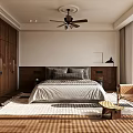 Modern Bedroom Interior With Wooden Wardrobes Gray Bedspread Ceiling Fan Blinds And Wooden Flooring