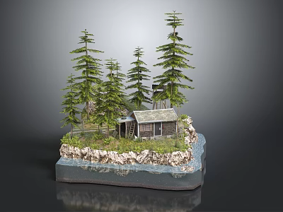 Wooden Cabin Nestled Among Tall Pine Trees On Rocky Shore With Clear Water 3d model