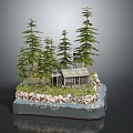 Wooden Cabin Nestled Among Tall Pine Trees On Rocky Shore With Clear Water
