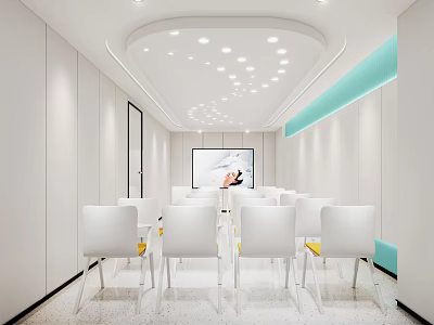 Modern Conference Room Interior With White Chairs Large Screen Turquoise Accents And Ceiling Lights 3d model