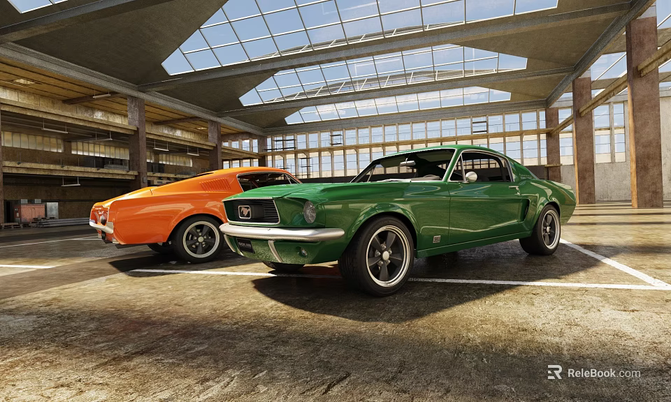Vintage Green and Orange Mustangs Parked in Indoor Garage with Glass Roof 3d model 
