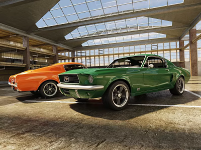 Vintage Green and Orange Mustangs Parked in Indoor Garage with Glass Roof 3d model