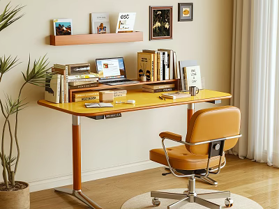 Yellow Home Office Desk With Laptop Books Lamp Orange Chair And Wall Shelf 3d model
