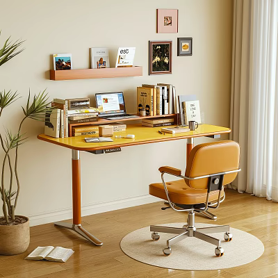 Yellow Home Office Desk With Laptop Books Lamp Orange Chair And Wall Shelf 3d model