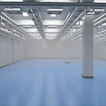 Industrial Meat Processing Plant With Rows Of Hanging Meat Carcasses Ceiling Lights And Blue Floor