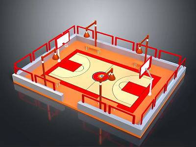 Basketball Court Design With Red Fences Hoops Orange Floor And White Lines 3d model