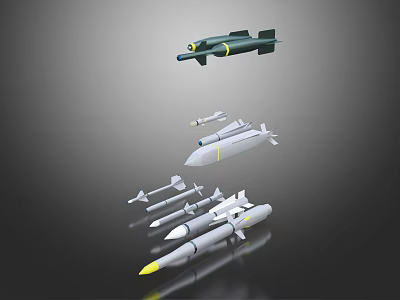 Different Types Of Military Missiles With Tail Fins And Yellow Tips 3d model