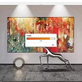 Colorful Abstract Painting With Silver Antelope Sculpture And Round Light In Modern Space