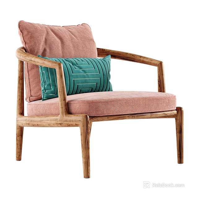 Wooden Frame Armchair With Pink Cushion And Green Striped Throw Pillow 3d model 