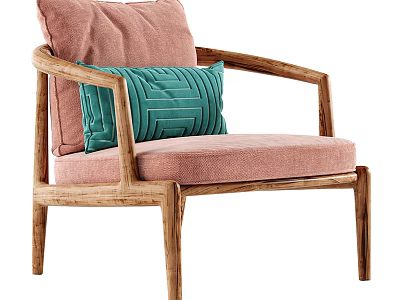 Wooden Frame Armchair With Pink Cushion And Green Striped Throw Pillow 3d model