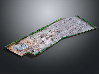 Terrain Model With Green Vegetation Borders Gray Surface And Scattered Construction Debris 3d model