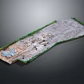 Terrain Model With Green Vegetation Borders Gray Surface And Scattered Construction Debris