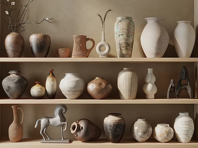 Decorative Ceramic Vessels With Various Shapes And Textures On Wooden Shelves 3d model
